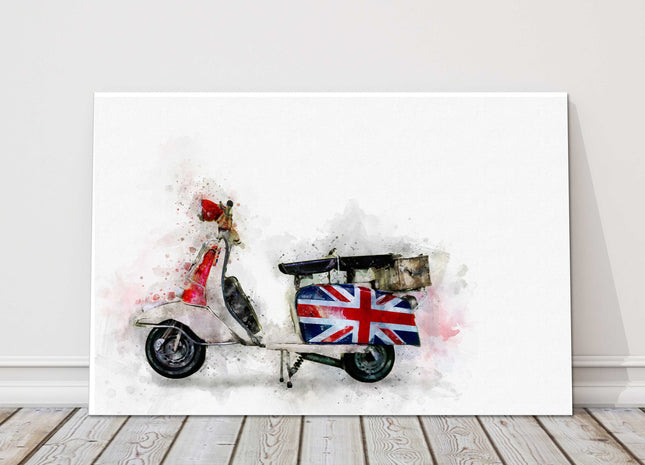 Retro moped paint style british flag red white blue canvas picture print