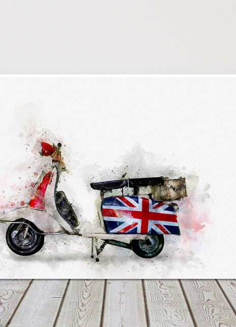 Retro moped paint style british flag red white blue canvas picture print