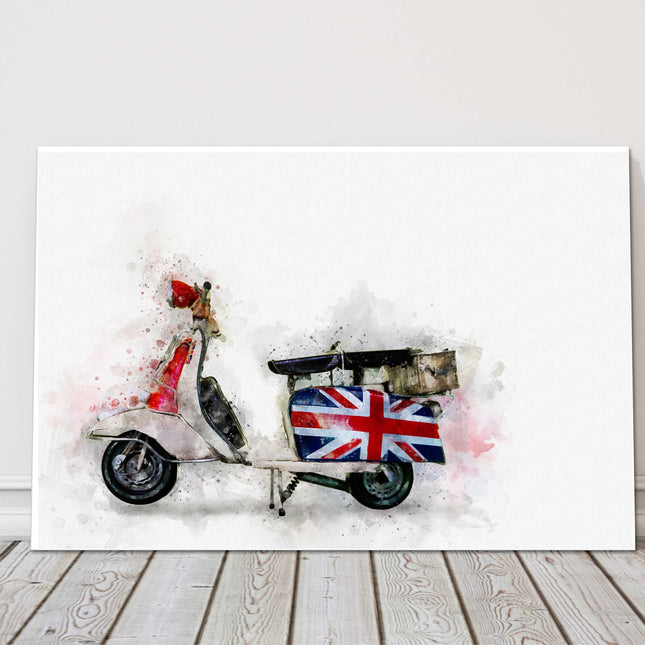 Retro moped paint style british flag red white blue canvas picture print