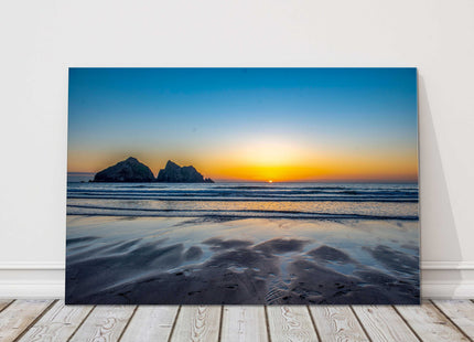 Holywell bay beach at sunset, Cornwall. Iconic Gull Rock canvas picture print.