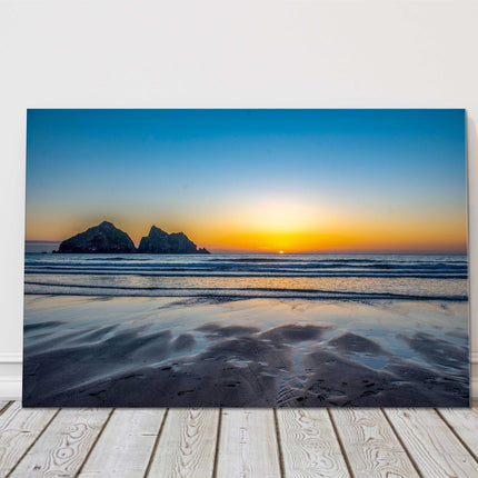 Holywell bay beach at sunset, Cornwall. Iconic Gull Rock canvas picture print.