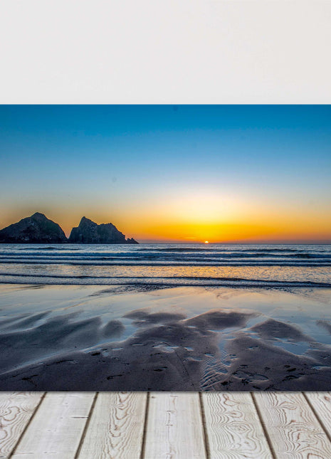 Holywell bay beach at sunset, Cornwall. Iconic Gull Rock canvas picture print.