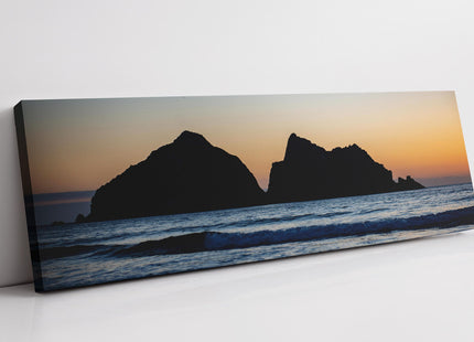 Gull Rock, Holywell Bay at sunset, Cornwall. Panoramic canvas picture print.