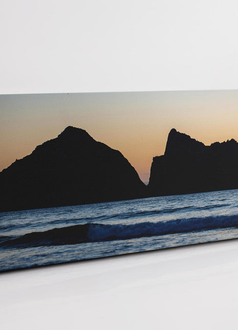 Gull Rock, Holywell Bay at sunset, Cornwall. Panoramic canvas picture print.