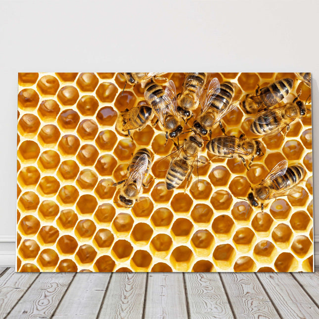 Bees swarming on honeycomb. Printed canvas picture print.