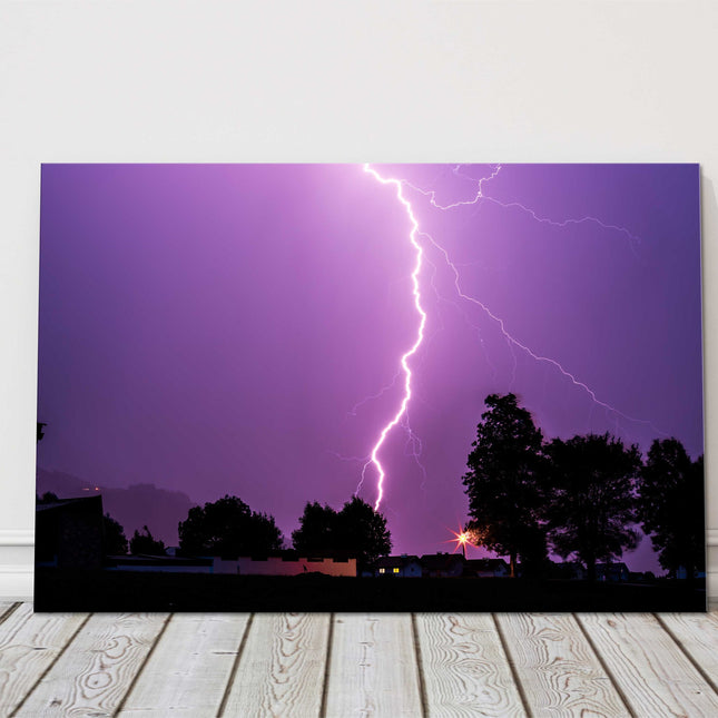 Lightening strike in the night sky. Stormy image, Canvas Print.