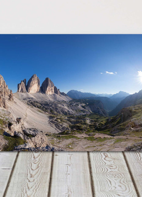 Tre Cime and Monte Paterno, Dolomites, Italy. Panoramic Canvas picture print.
