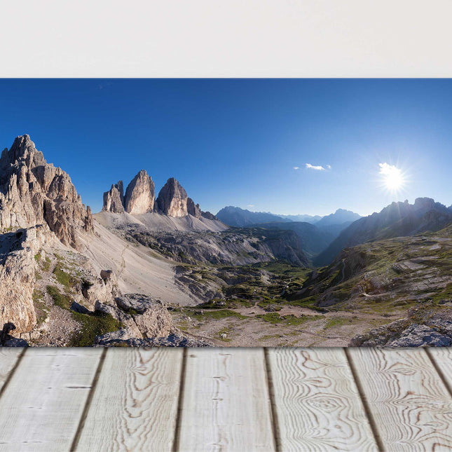Tre Cime and Monte Paterno, Dolomites, Italy. Panoramic Canvas picture print.