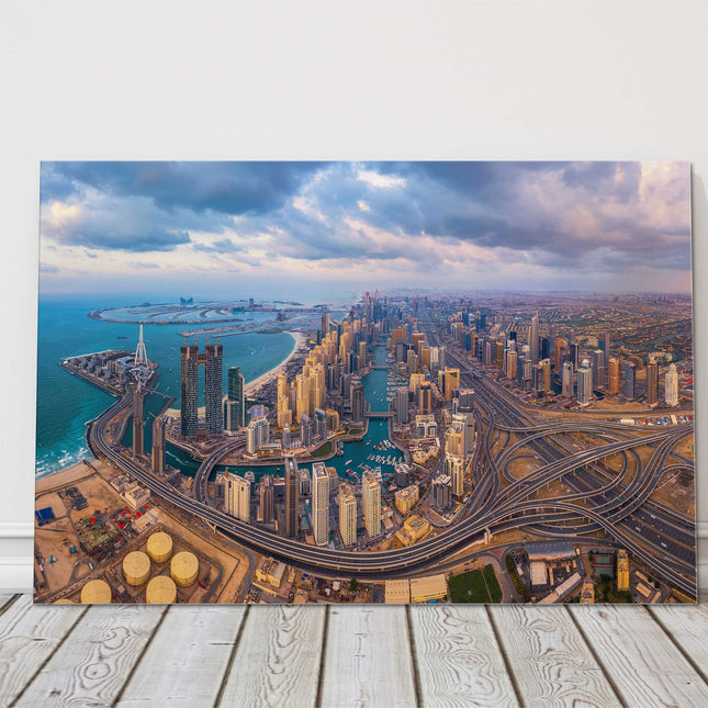 Aerial view of Dubai city. View of the Palm canvas picture print