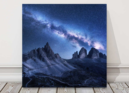Milky Way over the mountains, Dolomites, Italy. Printed canvas picture print.