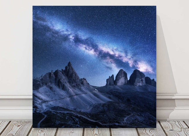 Milky Way over the mountains, Dolomites, Italy. Printed canvas picture print.