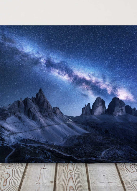 Milky Way over the mountains, Dolomites, Italy. Printed canvas picture print.