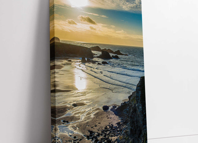 Porthcothan beach, Cornwall. Portrait view, Canvas picture Print.