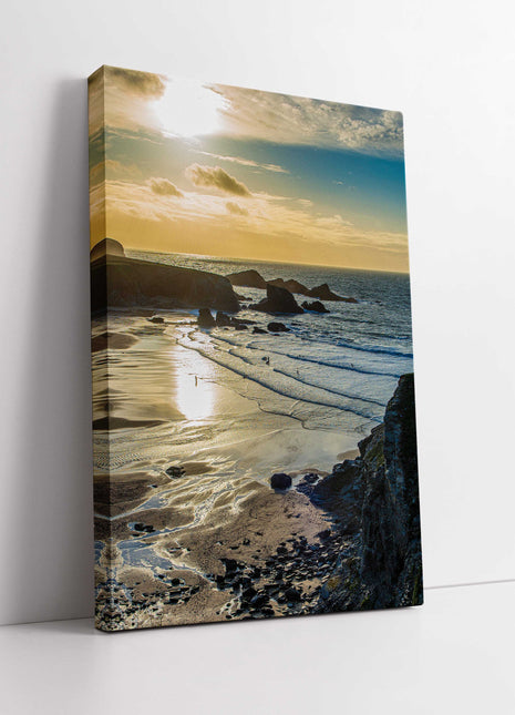 Porthcothan beach, Cornwall. Portrait view, Canvas picture Print.