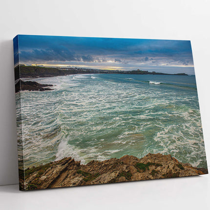 Newquay Bay coastline Cornwall. Storm from porth island canvas picture print