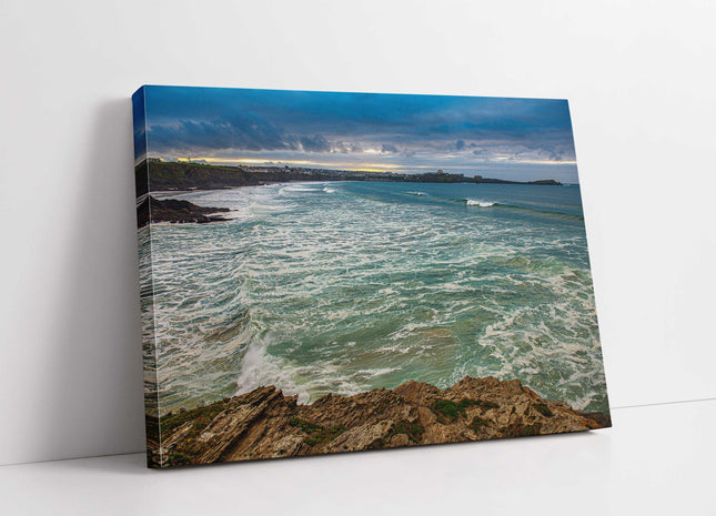 Newquay Bay coastline Cornwall. Storm from porth island canvas picture print
