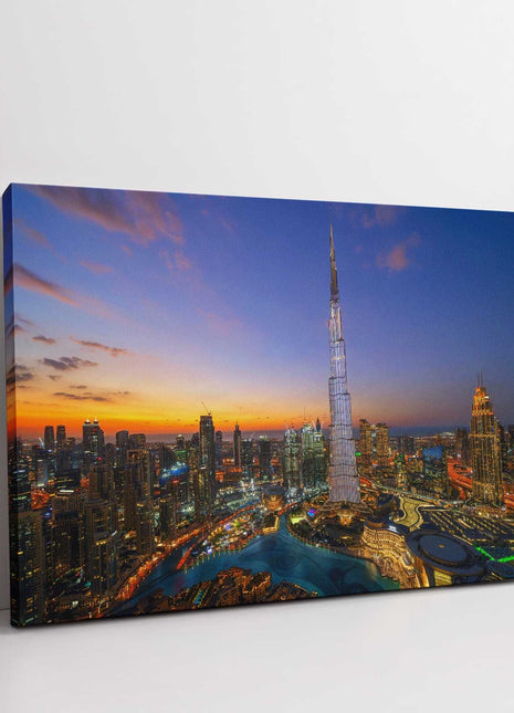 Burj Khalifa In Dubai. Aerial view of Dubai city at night. United Arab Emirates.