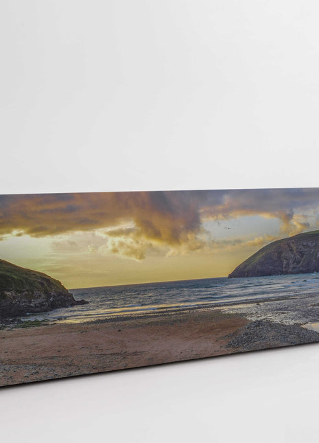 Mawgan Porth beach at sunset, Cornwall. Panoramic canvas picture print.