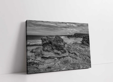 Cornish coastline. Black and white. View from Porth Island with coastal views.