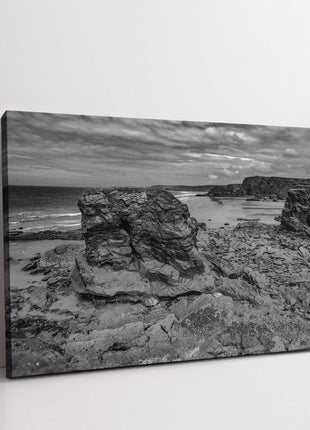 Cornish coastline. Black and white. View from Porth Island with coastal views.