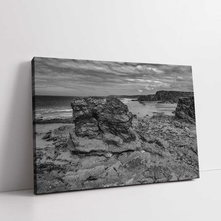 Cornish coastline. Black and white. View from Porth Island with coastal views.