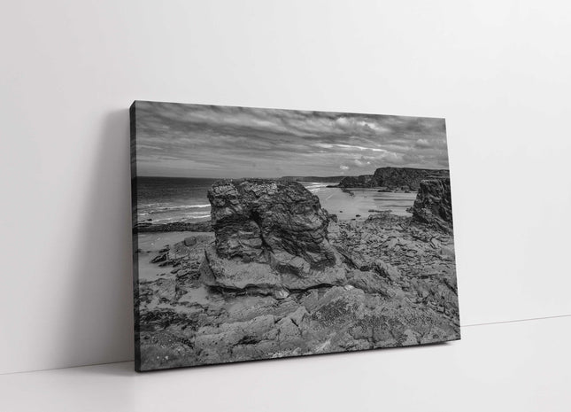 Cornish coastline. Black and white. View from Porth Island with coastal views.