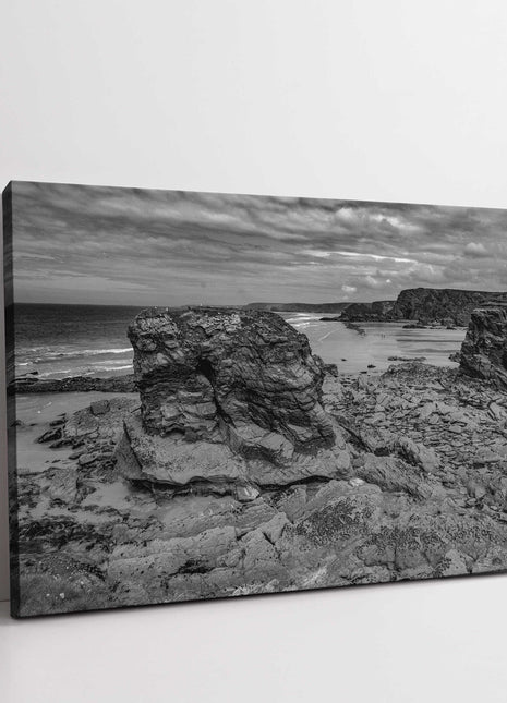 Cornish coastline. Black and white. View from Porth Island with coastal views.