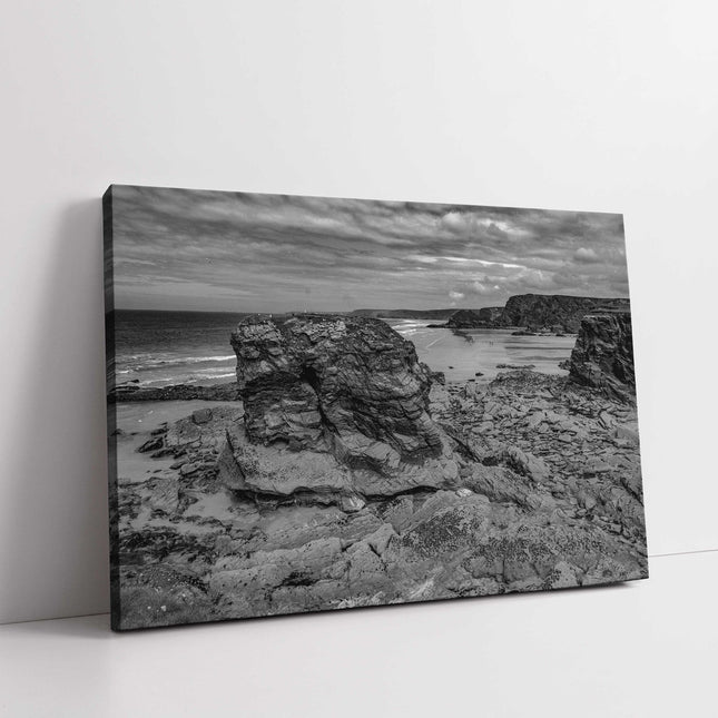 Cornish coastline. Black and white. View from Porth Island with coastal views.