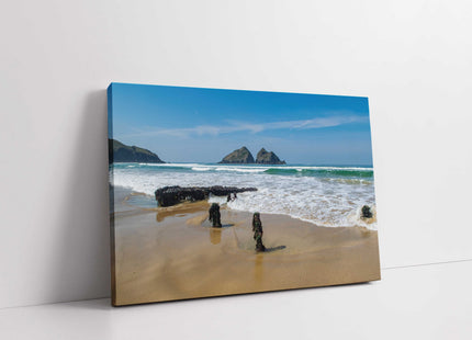 Holywell Bay shipwreck, Cornwall. Landscape view low tide canvas picture print