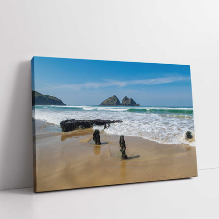 Holywell Bay shipwreck, Cornwall. Landscape view low tide canvas picture print