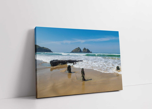 Holywell Bay shipwreck, Cornwall. Landscape view low tide canvas picture print