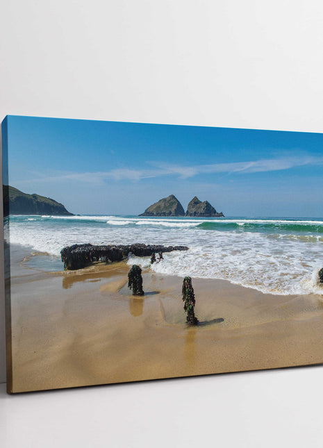 Holywell Bay shipwreck, Cornwall. Landscape view low tide canvas picture print