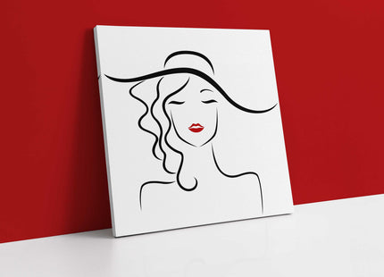 Canvas picture print of Beautiful lady in a hat, bright red lipstick. Wall art.