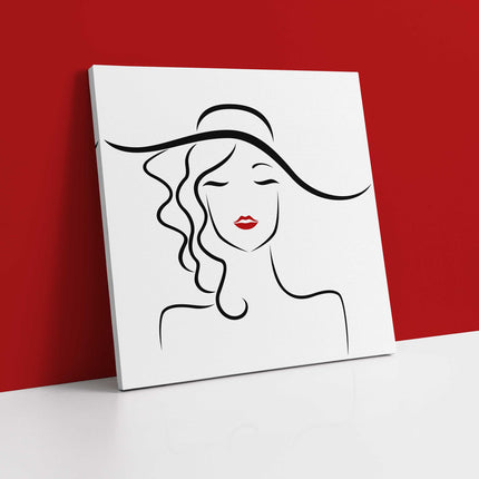 Canvas picture print of Beautiful lady in a hat, bright red lipstick. Wall art.