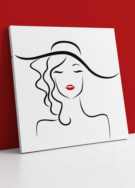 Canvas picture print of Beautiful lady in a hat, bright red lipstick. Wall art.