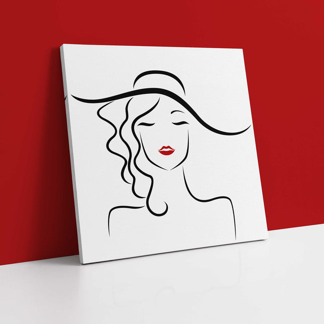Canvas picture print of Beautiful lady in a hat, bright red lipstick. Wall art.
