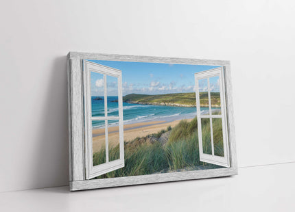 Window frame Canvas picture Print. Crantock beach, Newquay.
