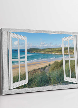 Window frame Canvas picture Print. Crantock beach, Newquay.