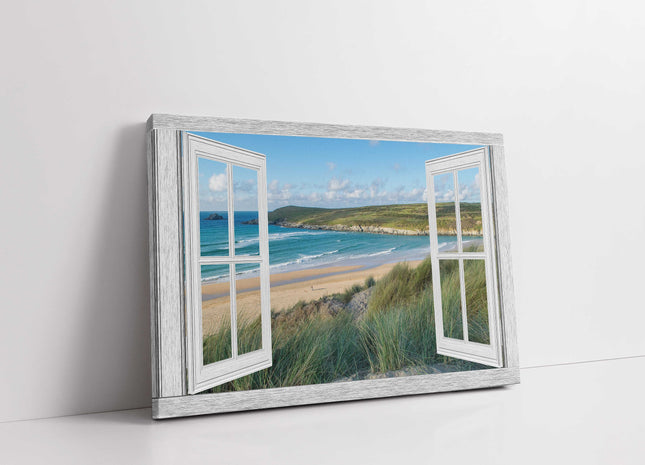 Window frame Canvas picture Print. Crantock beach, Newquay.