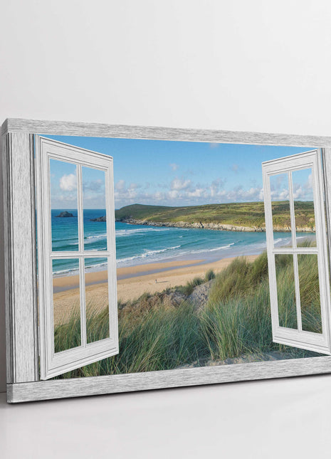 Window frame Canvas picture Print. Crantock beach, Newquay.