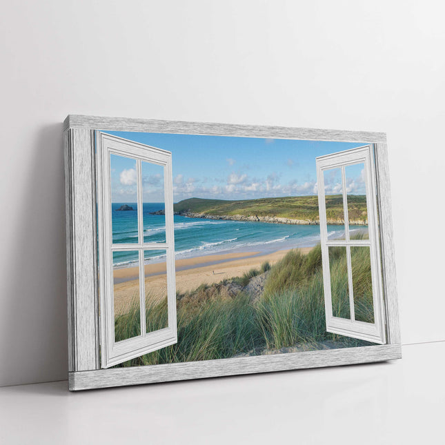 Window frame Canvas picture Print. Crantock beach, Newquay.