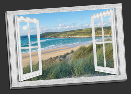 Window frame Canvas picture Print. Crantock beach, Newquay.