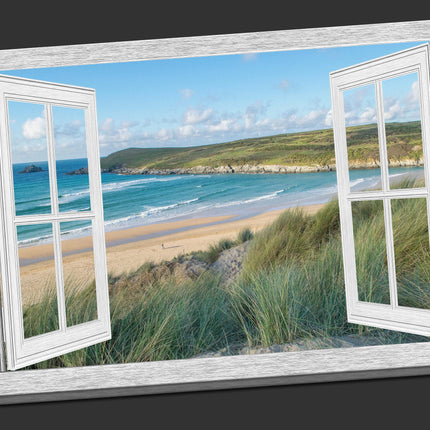 Window frame Canvas picture Print. Crantock beach, Newquay.