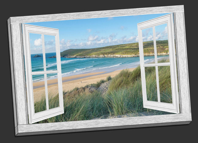 Window frame Canvas picture Print. Crantock beach, Newquay.