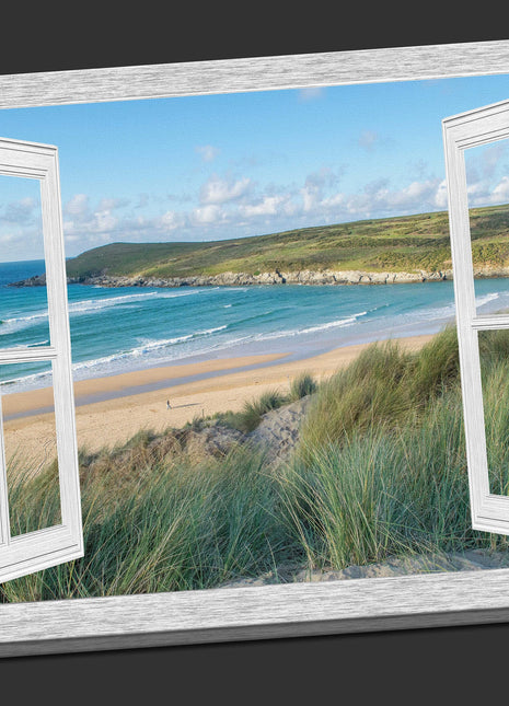 Window frame Canvas picture Print. Crantock beach, Newquay.