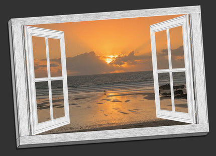 Window frame Canvas Print. Sunset at the beach, Cornwall.