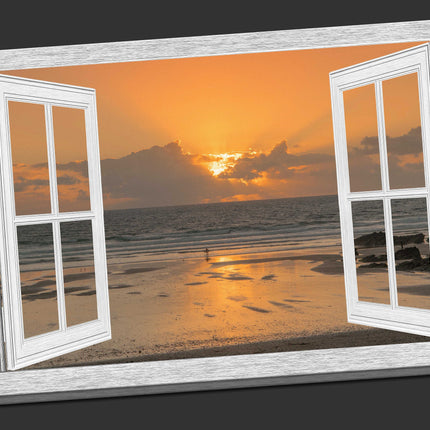 Window frame Canvas Print. Sunset at the beach, Cornwall.