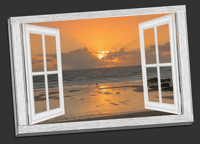 Window frame Canvas Print. Sunset at the beach, Cornwall.