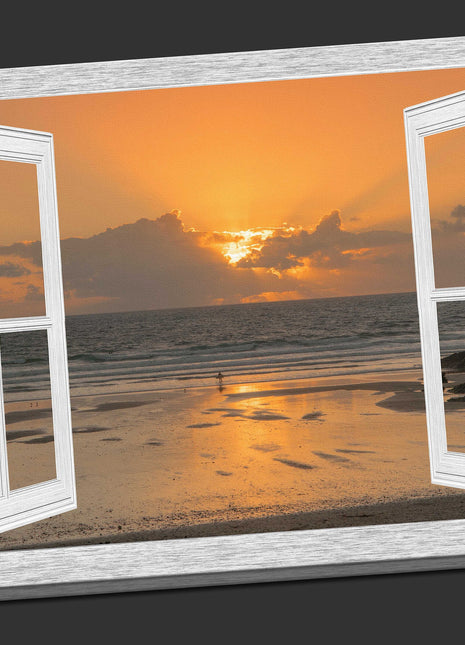 Window frame Canvas Print. Sunset at the beach, Cornwall.