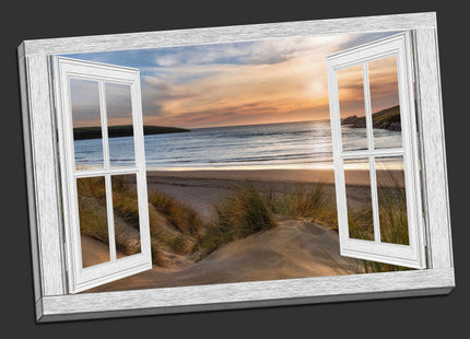Window frame view of Crantock beach at sunset canvas picture print landscape